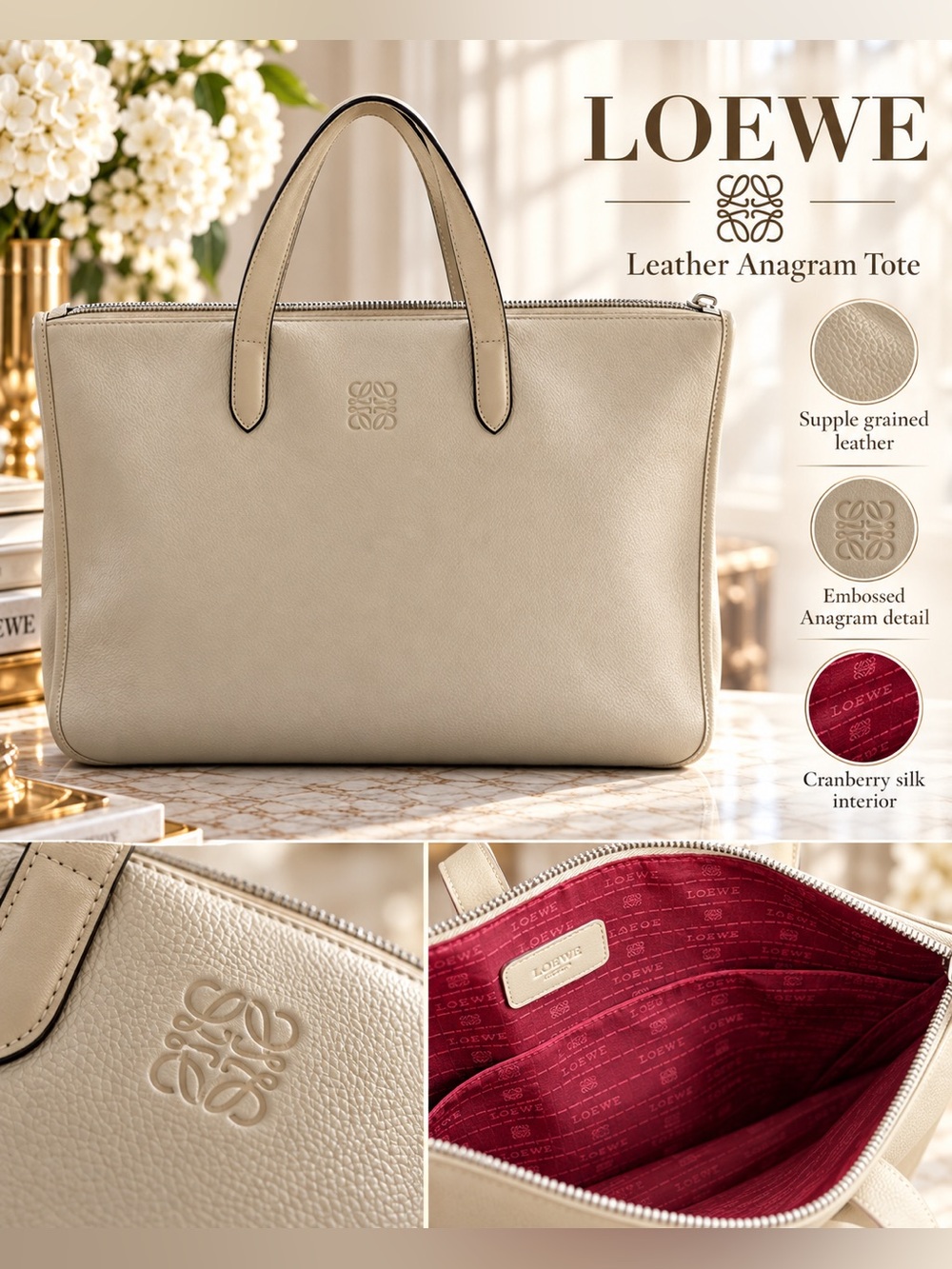 Loewe Light Taupe Pebbled Leather Anagram Laptop Tote